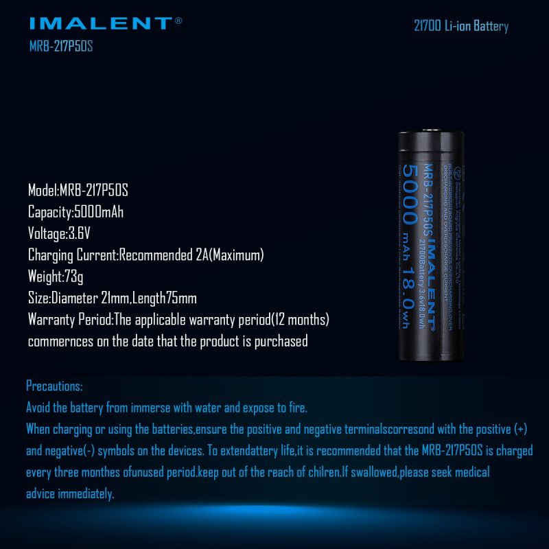IMALENT MRB-217P50S: Batterie 21700 rechargeable Li-ion 5000mAh 3.6V pour longue autonomie