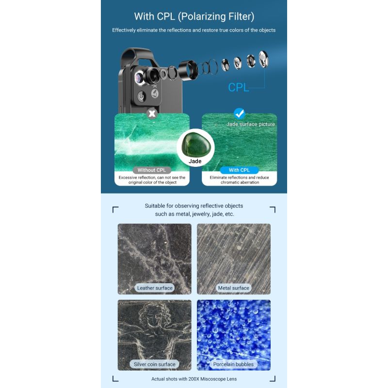APEXEL lentille microscope 200X pour iPhone Samsung exploration smartphones léger optique multi-couches