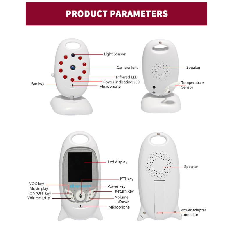 VB601 moniteur vidéo sans fil 2.4G avec caméra de sécurité couleur audio bidirectionnel et vision nocturne