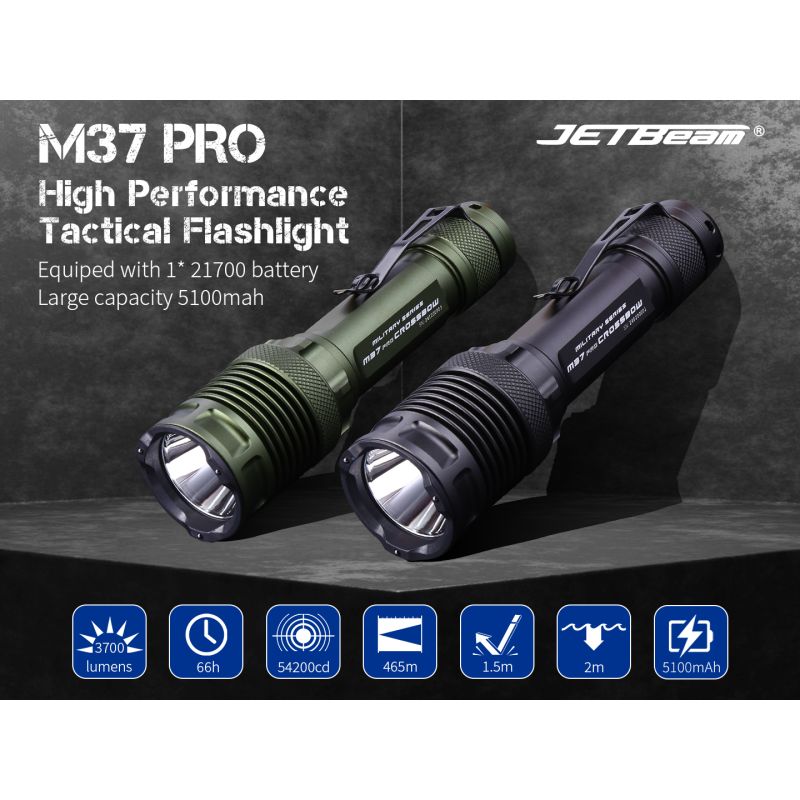 JETBEAM M37 PRO Lampe de poche tactique haute performance 3700 lumens 340m, rechargeable 21700, étanche IPX8