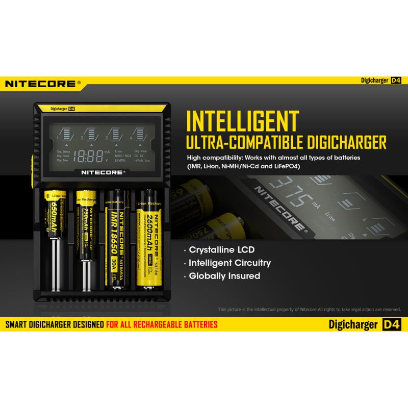 Nouveau Chargeur Nitecore D4 LCD Chargeur intelligent batteries rechargeables Compatibilité étendue Li-ion IMR