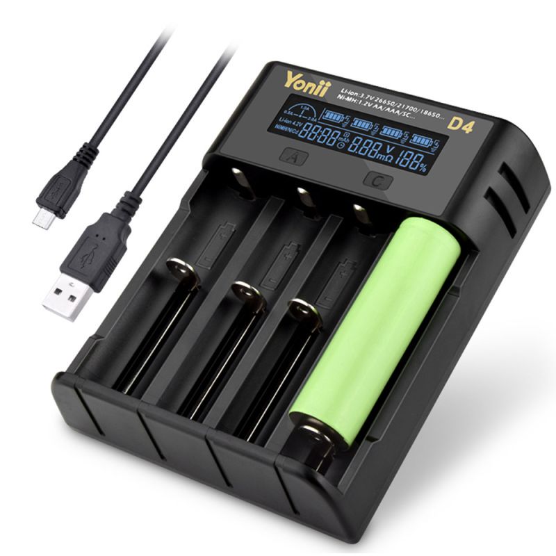 YONII D4 Chargeur Batterie Universel LCD 4 Emplacements pour 18650 21700 AA AAA Li-ion Ni-MH USB portable