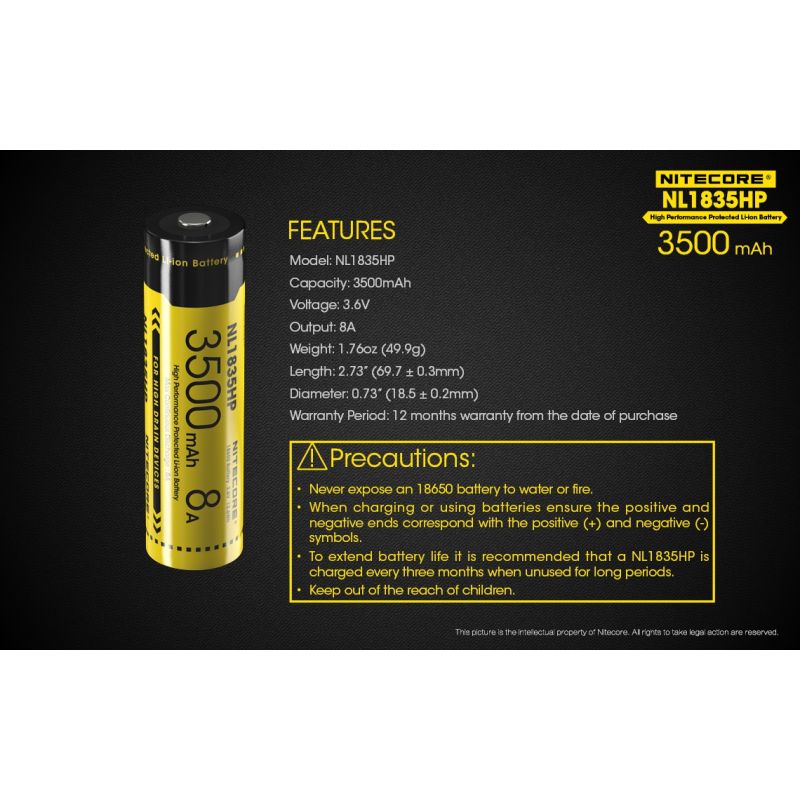 Nitecore NL1835HP Batterie 3500mAh Li-ion Haute Performance 18650 pour Appareils à Haute Décharge Gadgets Tech