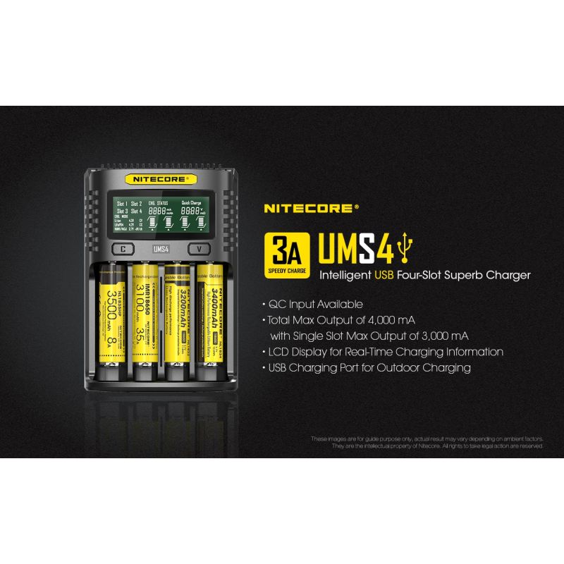 Nitecore UMS4 Chargeur USB Intelligent Quatre Emplacements pour Batteries 18650 21700 26650 Charge Rapide