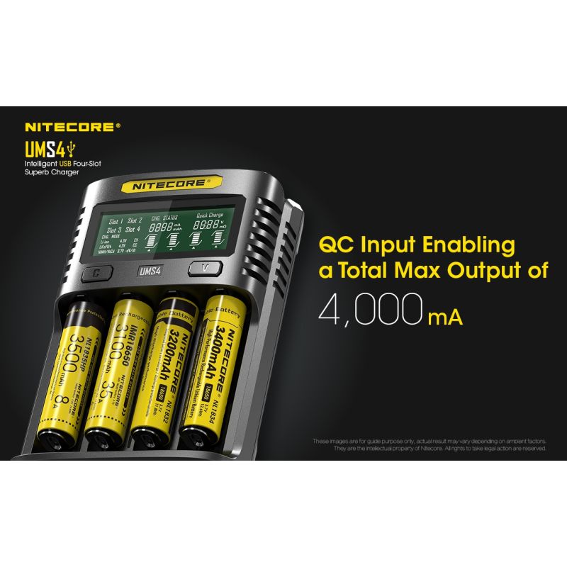 Nitecore UMS4 Chargeur USB Intelligent Quatre Emplacements pour Batteries 18650 21700 26650 Charge Rapide
