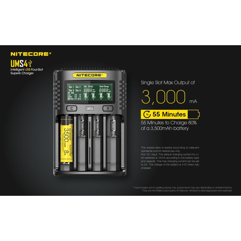 Nitecore UMS4 Chargeur USB Intelligent Quatre Emplacements pour Batteries 18650 21700 26650 Charge Rapide