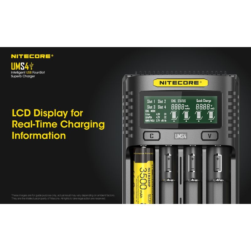 Nitecore UMS4 Chargeur USB Intelligent Quatre Emplacements pour Batteries 18650 21700 26650 Charge Rapide