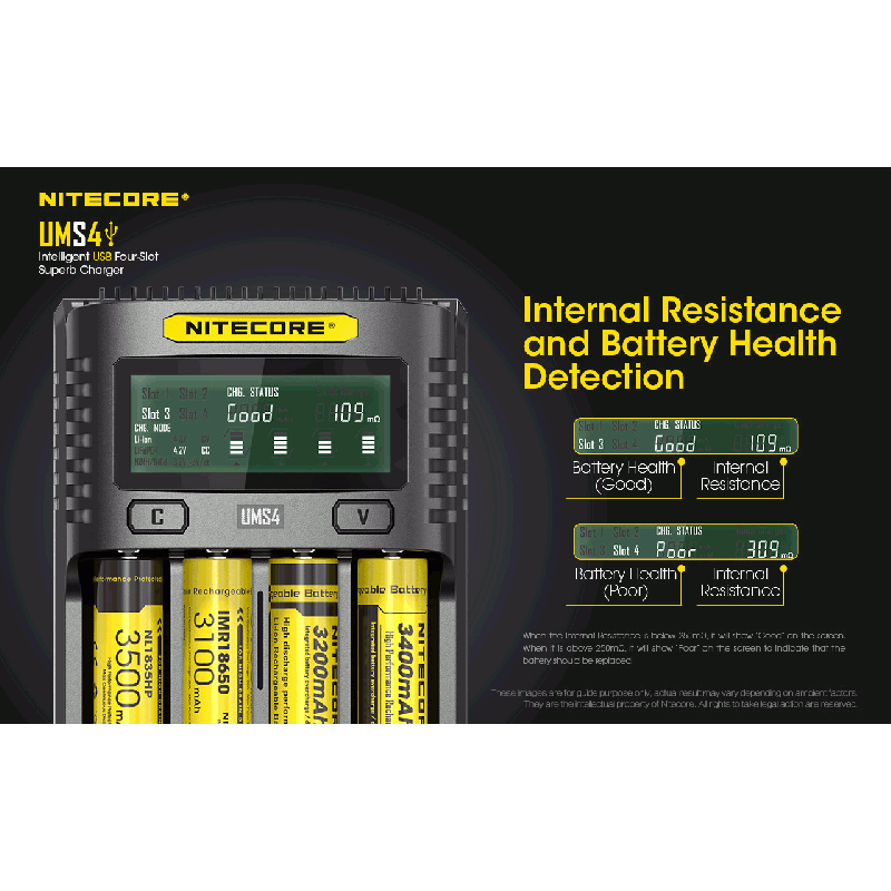 Nitecore UMS4 Chargeur USB Intelligent Quatre Emplacements pour Batteries 18650 21700 26650 Charge Rapide