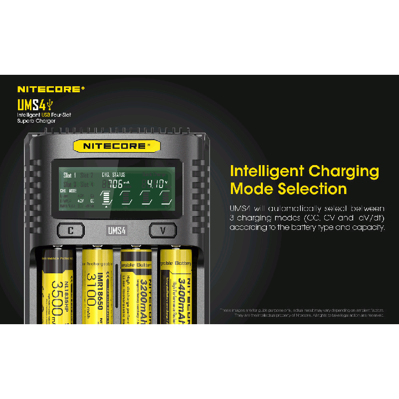 Nitecore UMS4 Chargeur USB Intelligent Quatre Emplacements pour Batteries 18650 21700 26650 Charge Rapide