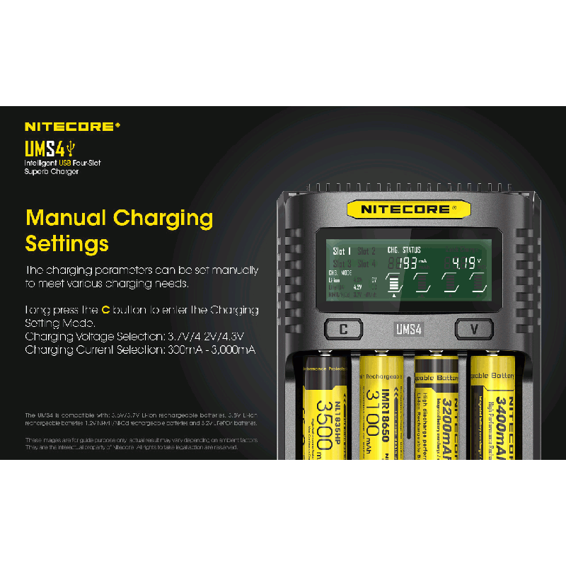 Nitecore UMS4 Chargeur USB Intelligent Quatre Emplacements pour Batteries 18650 21700 26650 Charge Rapide