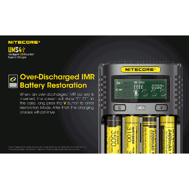 Nitecore UMS4 Chargeur USB Intelligent Quatre Emplacements pour Batteries 18650 21700 26650 Charge Rapide