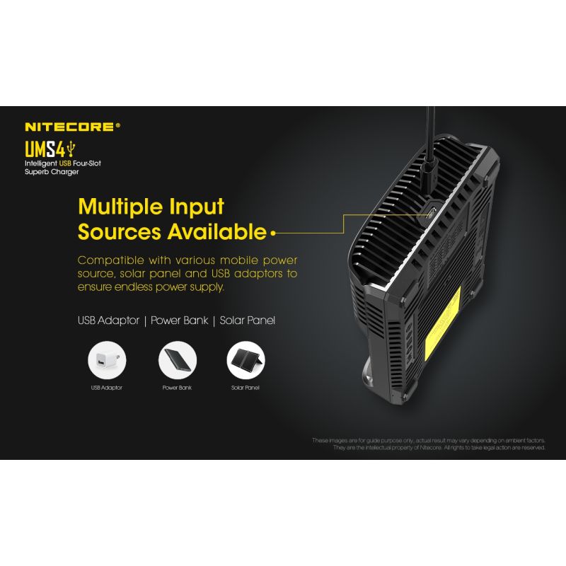 Nitecore UMS4 Chargeur USB Intelligent Quatre Emplacements pour Batteries 18650 21700 26650 Charge Rapide