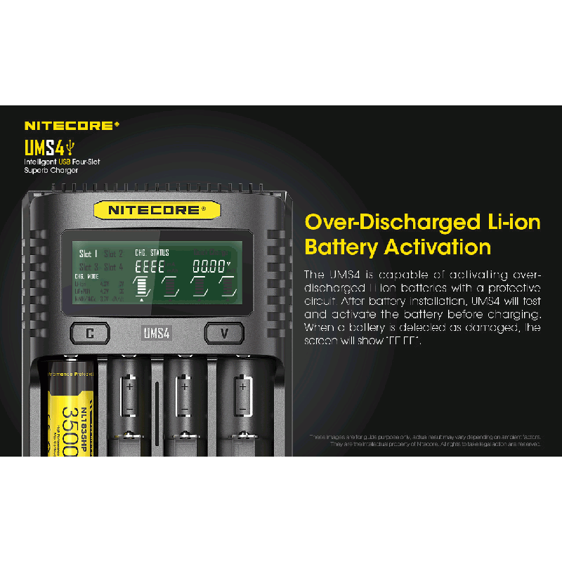 Nitecore UMS4 Chargeur USB Intelligent Quatre Emplacements pour Batteries 18650 21700 26650 Charge Rapide