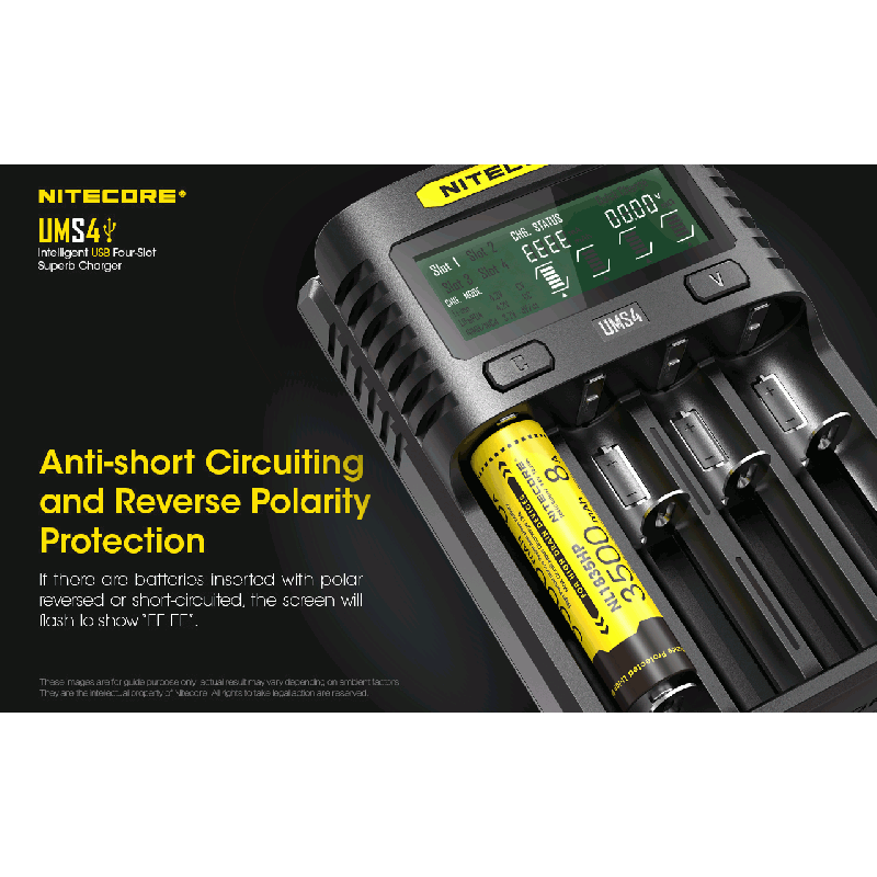 Nitecore UMS4 Chargeur USB Intelligent Quatre Emplacements pour Batteries 18650 21700 26650 Charge Rapide