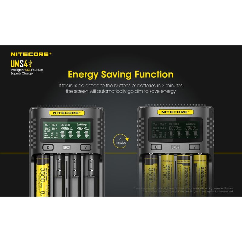 Nitecore UMS4 Chargeur USB Intelligent Quatre Emplacements pour Batteries 18650 21700 26650 Charge Rapide