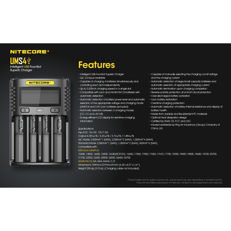 Nitecore UMS4 Chargeur USB Intelligent Quatre Emplacements pour Batteries 18650 21700 26650 Charge Rapide