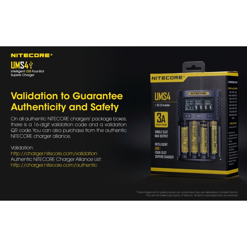 Nitecore UMS4 Chargeur USB Intelligent Quatre Emplacements pour Batteries 18650 21700 26650 Charge Rapide