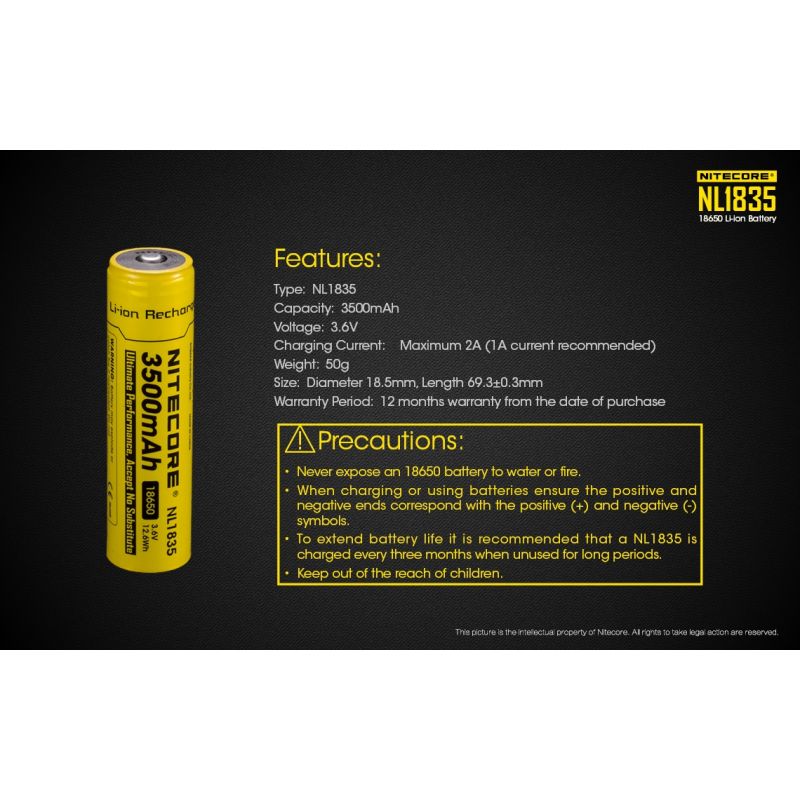 Batterie rechargeable Nitecore 18650 3500mAh NL1835 Haute capacité Li-ion Solutions énergétiques personnelles