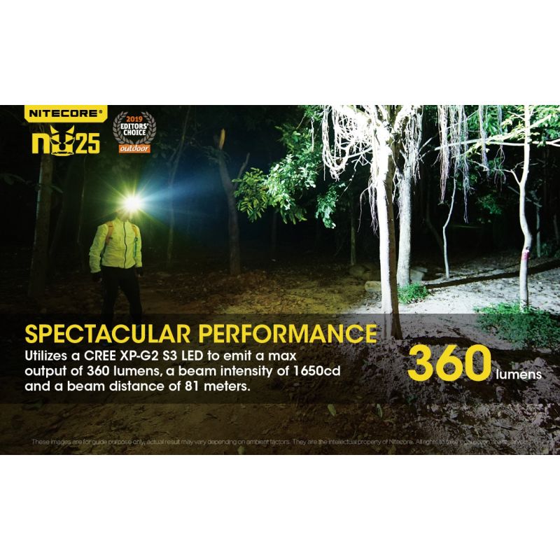 Nitecore NU25 lampe frontale rechargeable 360 lumens avec LED XP-G2 S3 idéal pour camping et visibilité nocturne