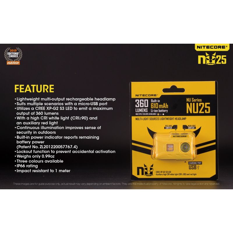 Nitecore NU25 lampe frontale rechargeable 360 lumens avec LED XP-G2 S3 idéal pour camping et visibilité nocturne