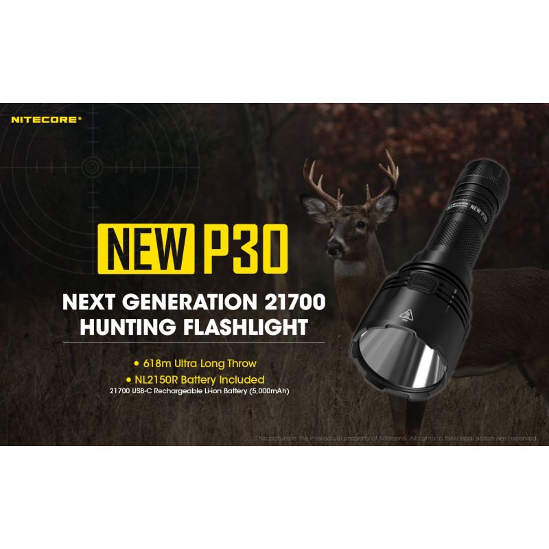 Nitecore P30 lampe LED extérieure XP-L HI V3 1000 lumens faisceau 618 mètres design durable éclairage précision