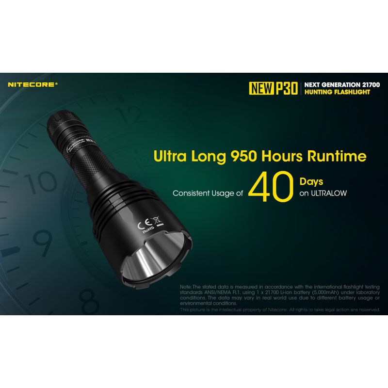 Nitecore P30 lampe LED extérieure XP-L HI V3 1000 lumens faisceau 618 mètres design durable éclairage précision