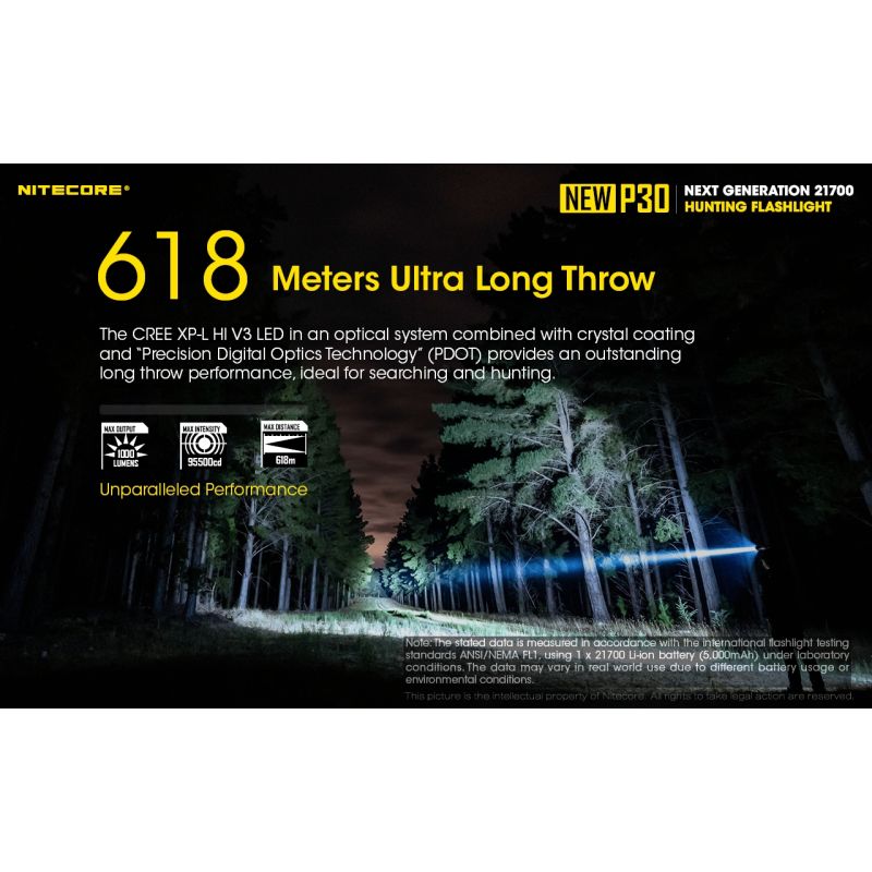 Nitecore P30 lampe LED extérieure XP-L HI V3 1000 lumens faisceau 618 mètres design durable éclairage précision