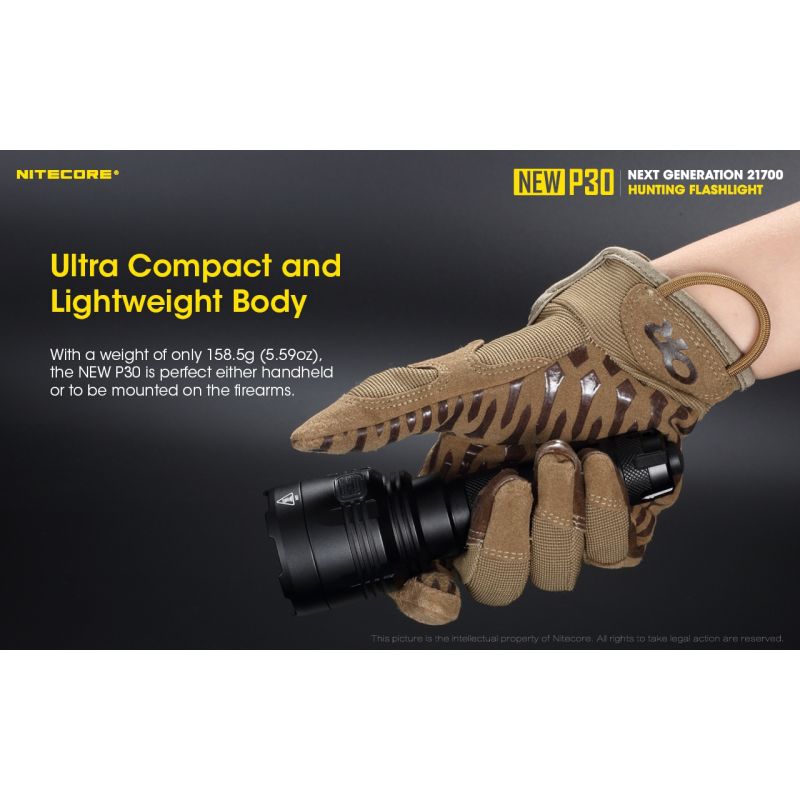 Nitecore P30 lampe LED extérieure XP-L HI V3 1000 lumens faisceau 618 mètres design durable éclairage précision