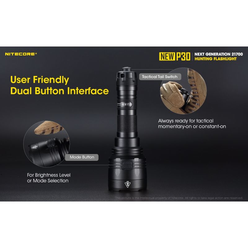 Nitecore P30 lampe LED extérieure XP-L HI V3 1000 lumens faisceau 618 mètres design durable éclairage précision