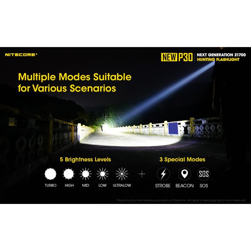 Nitecore P30 lampe LED extérieure XP-L HI V3 1000 lumens faisceau 618 mètres design durable éclairage précision