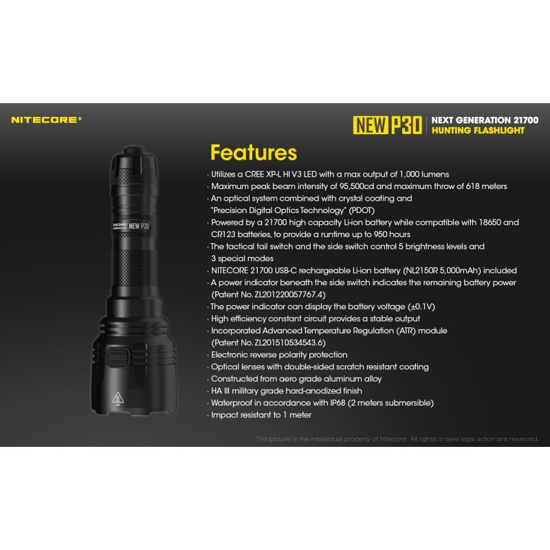 Nitecore P30 lampe LED extérieure XP-L HI V3 1000 lumens faisceau 618 mètres design durable éclairage précision