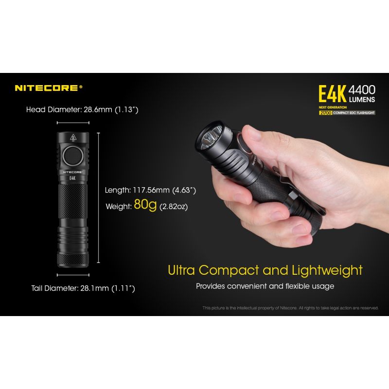 Lampe de Poche Nitecore E4K 4400 Lumens Haute Luminosité Compacte et Durable pour Éclairage Extérieur IP68
