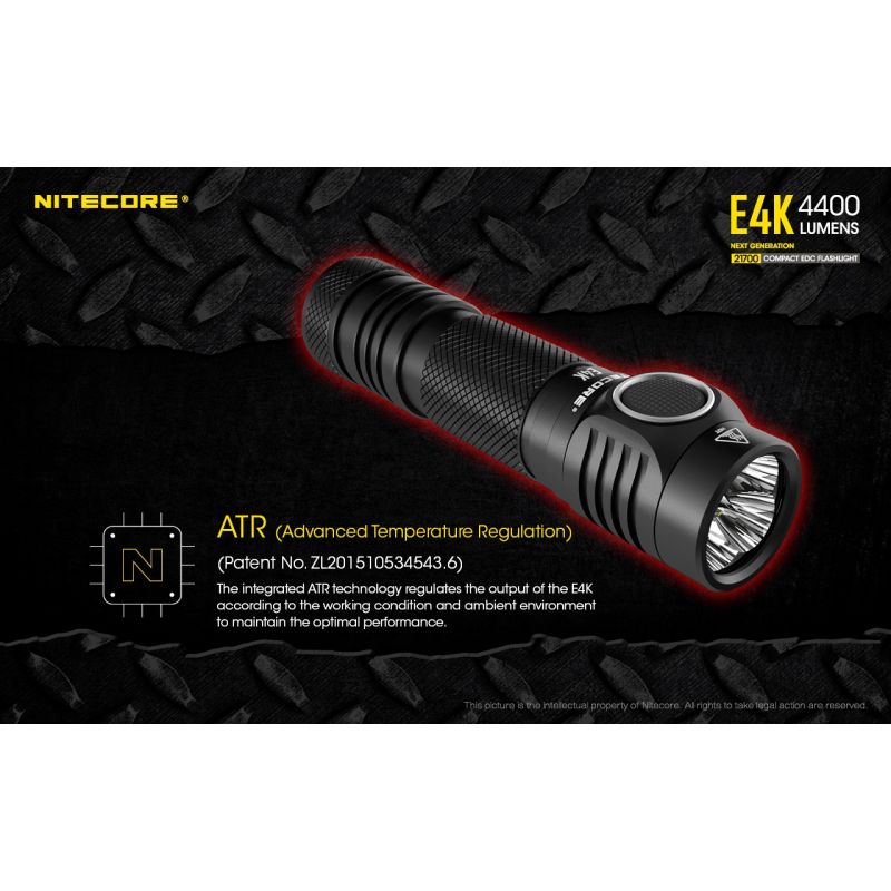 Lampe de Poche Nitecore E4K 4400 Lumens Haute Luminosité Compacte et Durable pour Éclairage Extérieur IP68