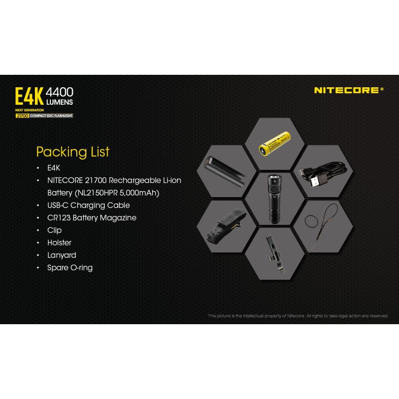 Lampe de Poche Nitecore E4K 4400 Lumens Haute Luminosité Compacte et Durable pour Éclairage Extérieur IP68