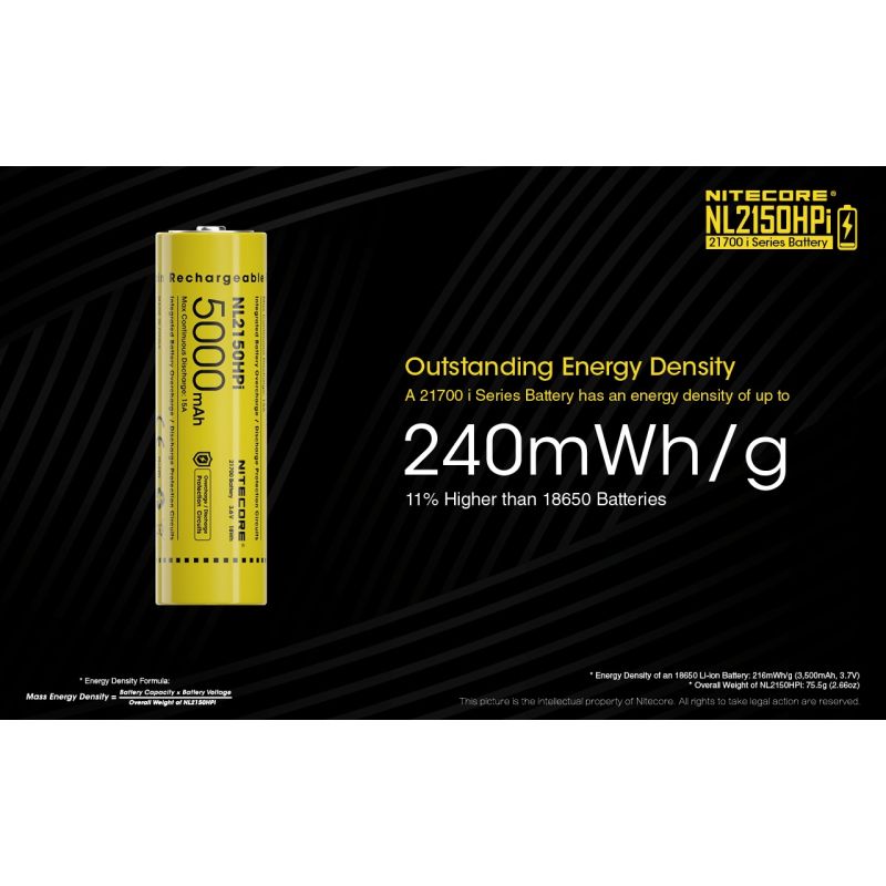 NITECORE NL2150HPI Batterie Rechargeable 5000mAh 21700 3.6V Li-ion Haute Performance pour Dispositifs Électroniques