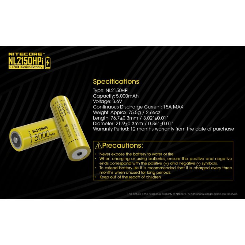 NITECORE NL2150HPI Batterie Rechargeable 5000mAh 21700 3.6V Li-ion Haute Performance pour Dispositifs Électroniques