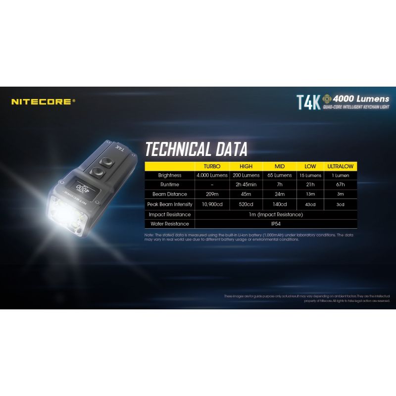Nitecore T4K lampe de poche porte-clés 4000 lumens compacte LED XP-L2 V6 pour l'éclairage extérieur USB-C