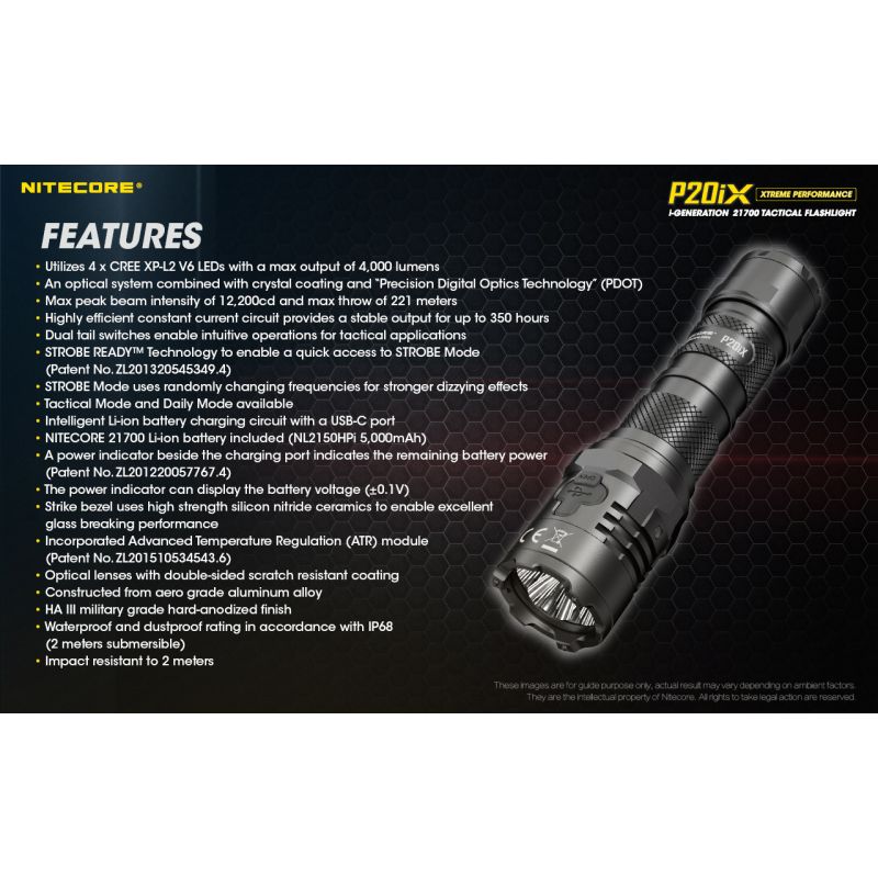 Nitecore P20IX Lampe Torche LED 4000 Lumens Haute Luminosité Rechargeable USB-C Lampe Tactique Durable
