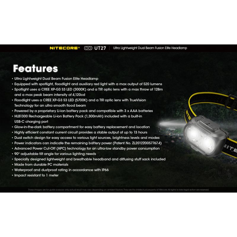 Nitecore UT27 Phare LED 520 lumens Conception robuste Haute performance Aventures nocturnes Polyvalent