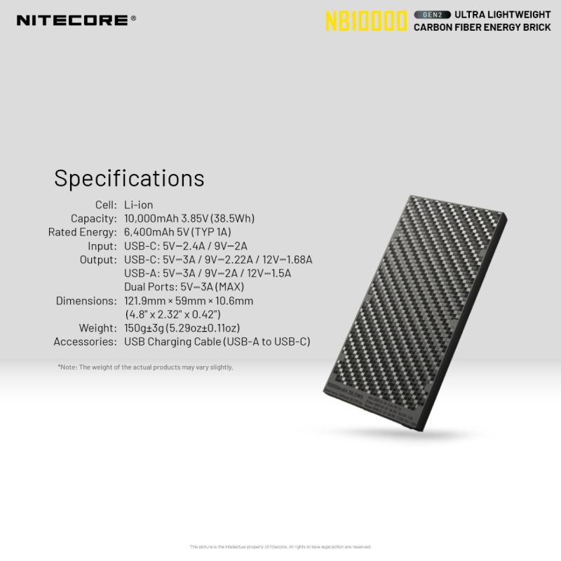 Nitecore NB10000 Gen II banque d'alimentation ultra-fine 10000mAh USB-C charge rapide QC accessoire de voyage
