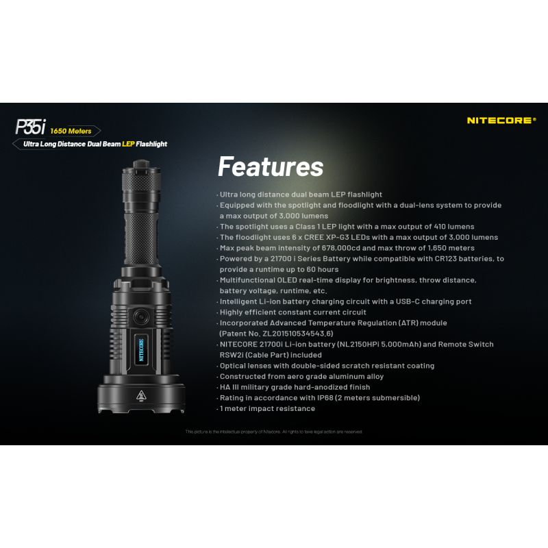 Lampe de poche rechargeable NITECORE P35i 3000 lumens ultra longue portée éclairage extérieur randonnée robuste