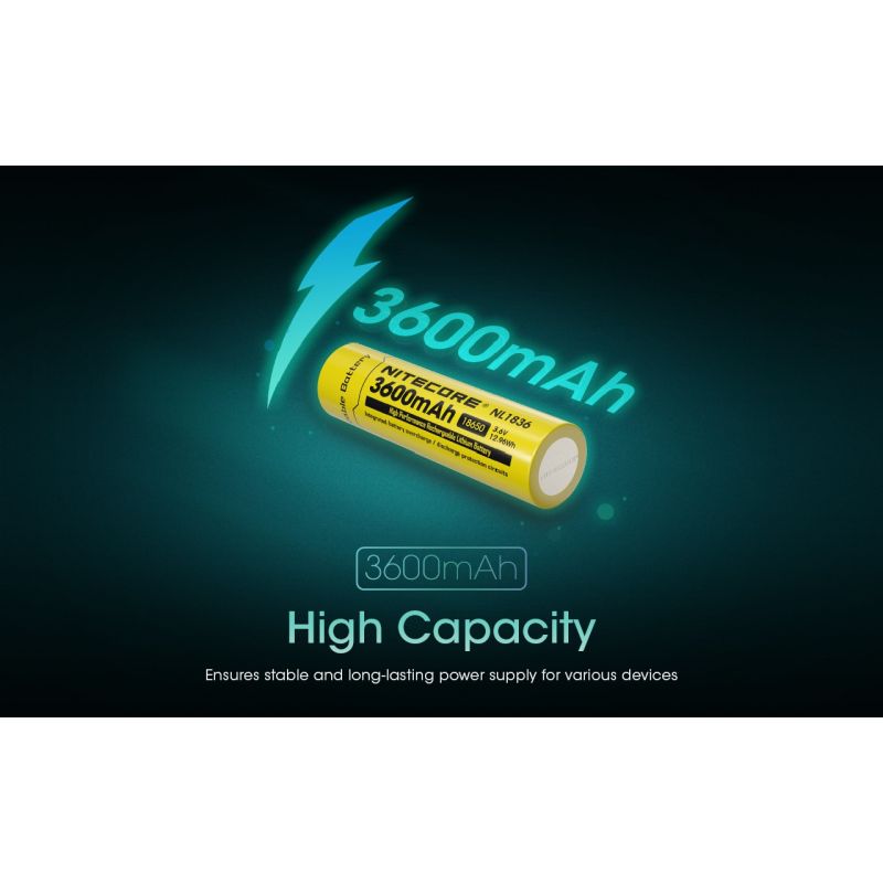 Pile Nitecore 18650 NL1836 rechargeable Li-ion 3600mAh, haute capacité, protection intelligente