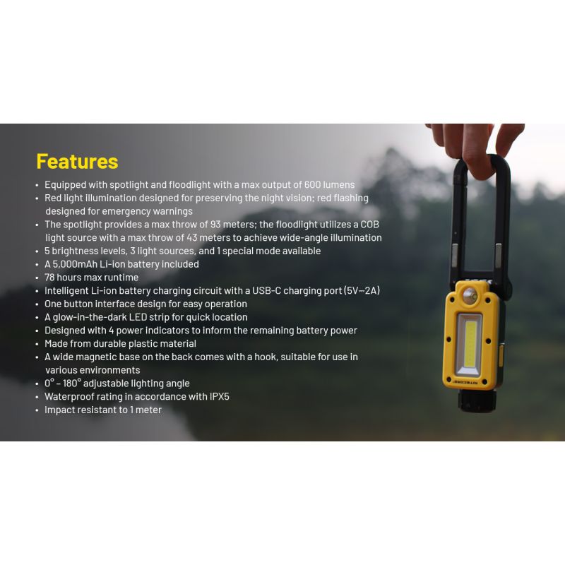 NITECORE NWL20 Lampe Portative 600 lumens Multifuntionnel Éclairage Extérieur Haute Luminosité Aventure Camping