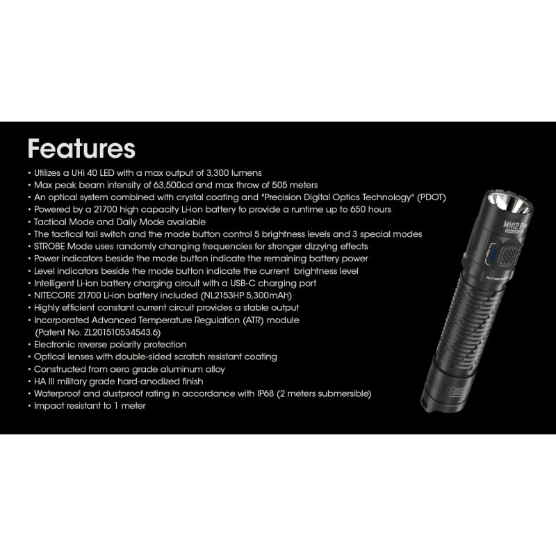 Nitecore MH12 Pro Lampe de poche 3300 lumens rechargeable USB-C idéale pour aventures en plein air et urgences