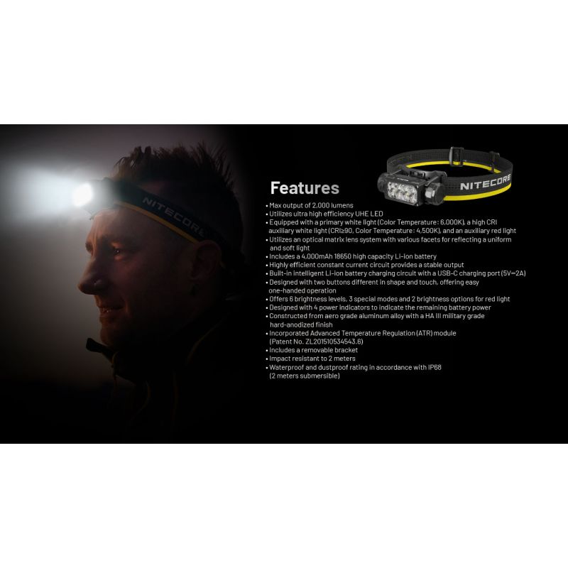 NITECORE HC65 UHE lampe frontale 2000 lumens rechargeable USB-C éclairage extérieur camping randonnée