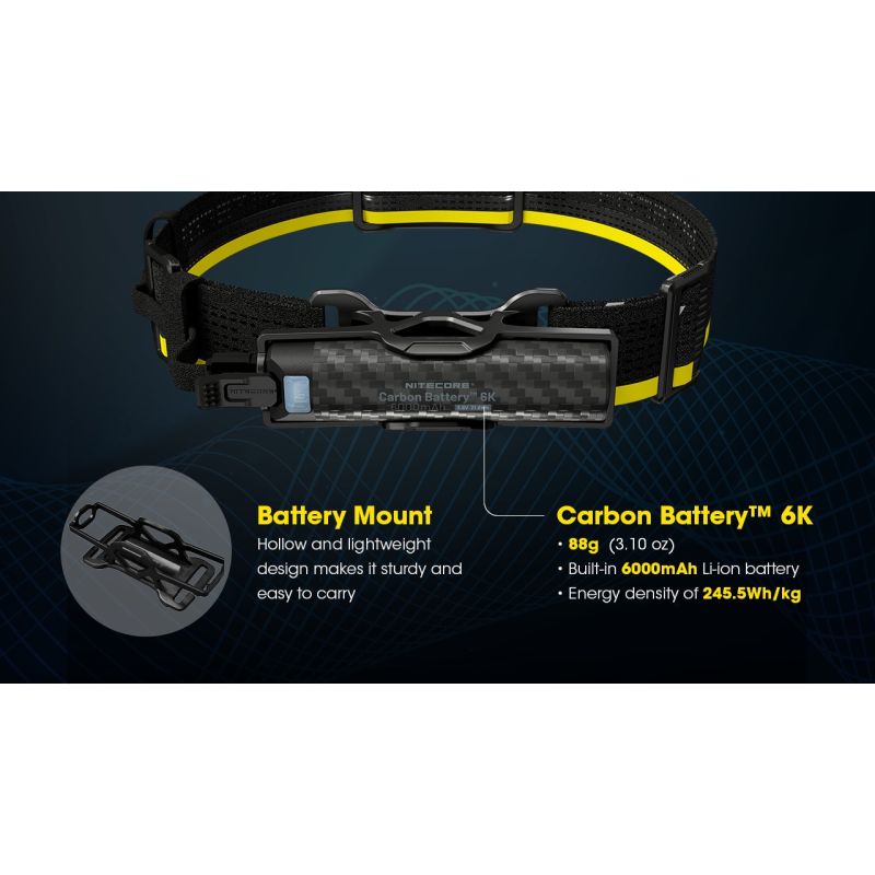 Nitecore Carbon Battery 6K Kit, Prolongateur Autonomie Lampe Frontale NU40-HC65 UHE, étanche IP68.