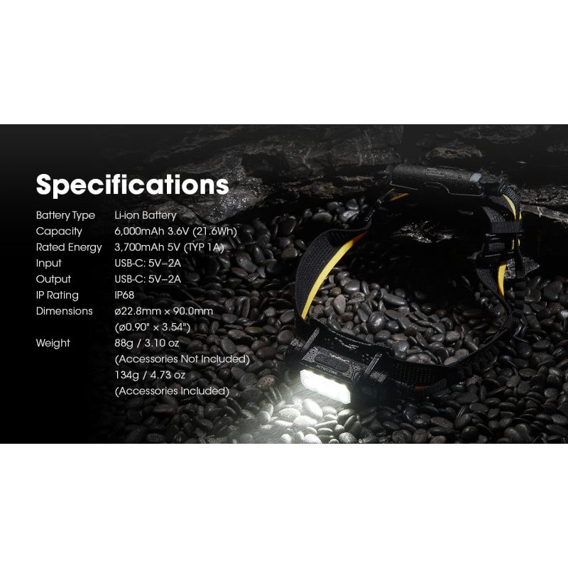 Nitecore Carbon Battery 6K Kit, Prolongateur Autonomie Lampe Frontale NU40-HC65 UHE, étanche IP68.