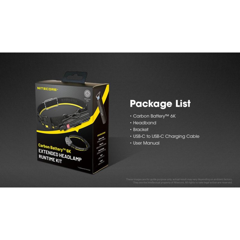 Nitecore Carbon Battery 6K Kit, Prolongateur Autonomie Lampe Frontale NU40-HC65 UHE, étanche IP68.