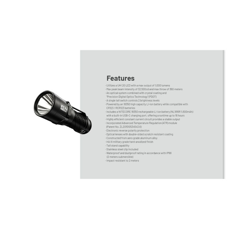 Nitecore MT1C Pro lampe de poche EDC compacte 1000 lumens visibilité longue portée équipement de camping durable