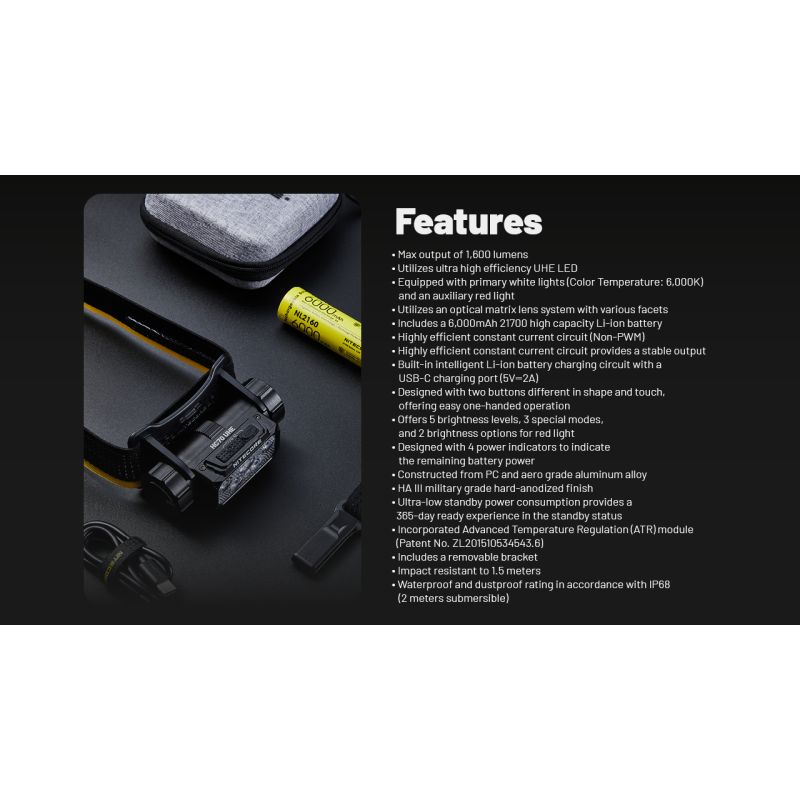 Lampe frontale NITECORE HC70 UHE rechargeable USB-C 1600 lumens pour éclairage extérieur et visibilité nocturne